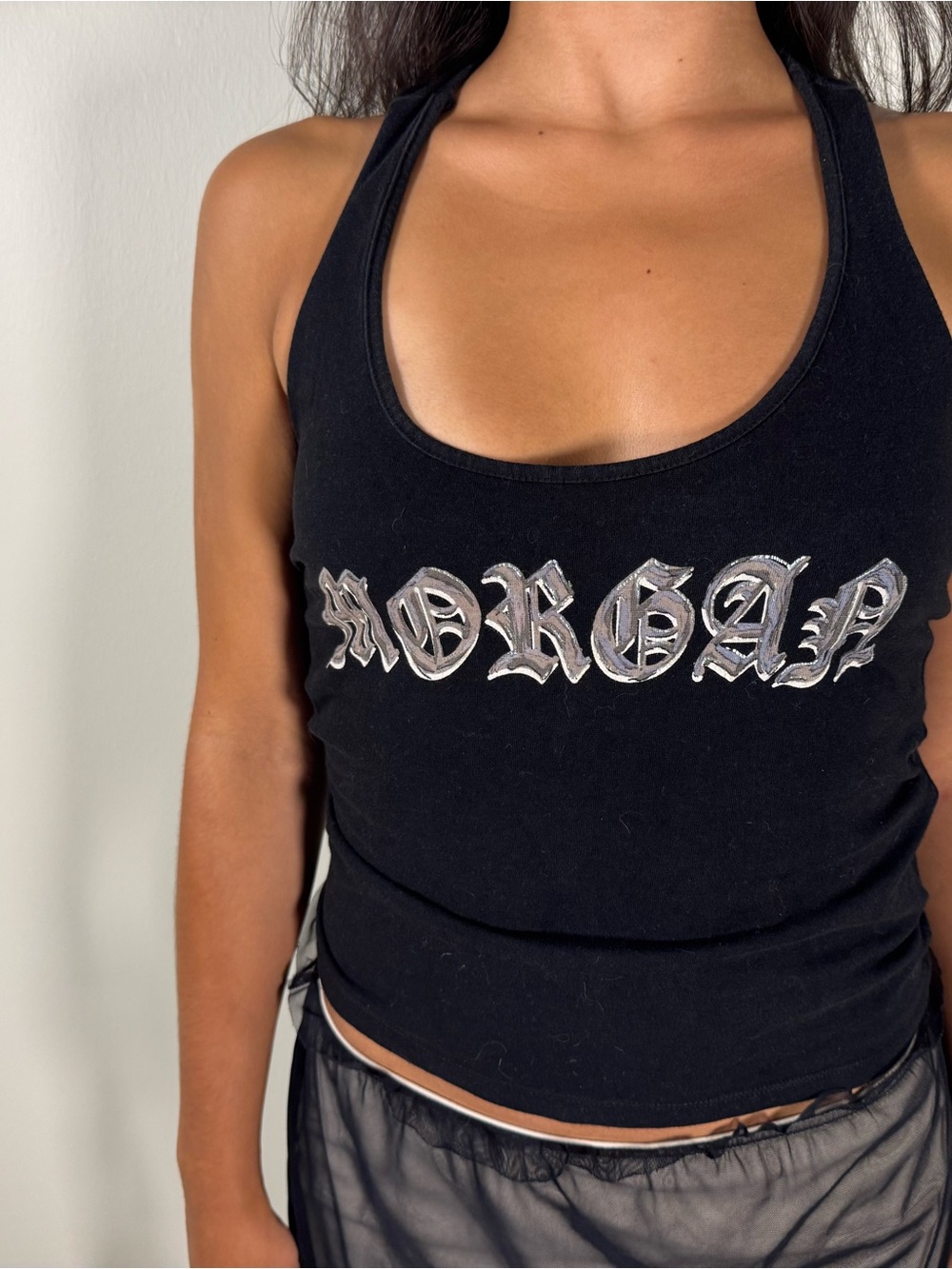 Morgan de Toi Black Racerback Tank with Silver Metallic Script